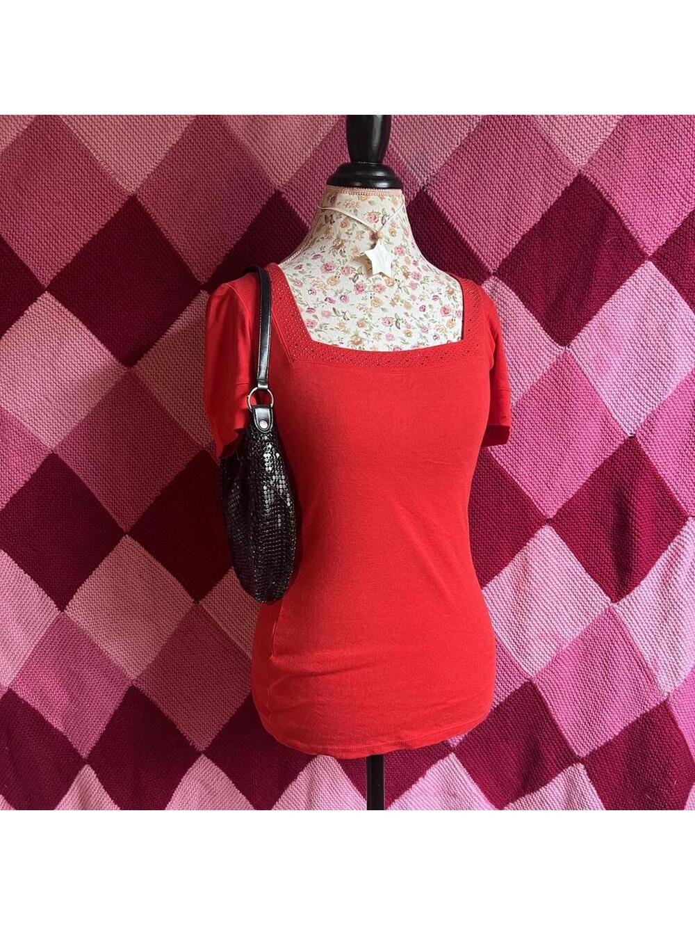 y2k red sparkly square neck tee